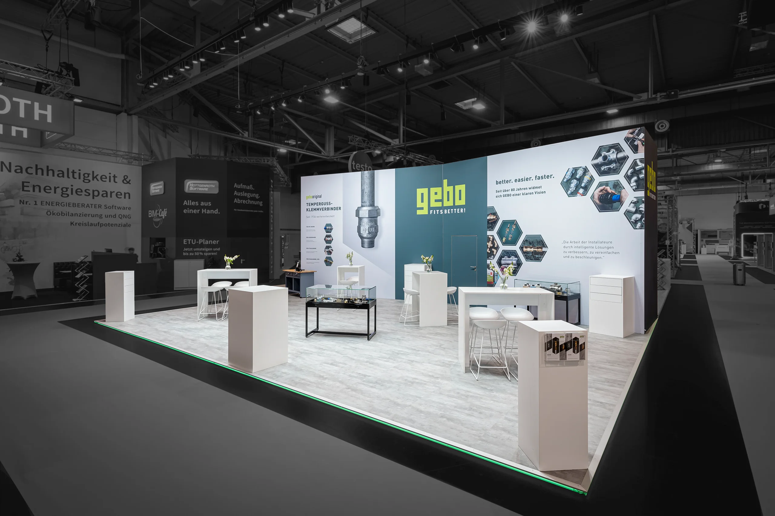 GEBO exhibition booth with dark design at international HVAC trade fair