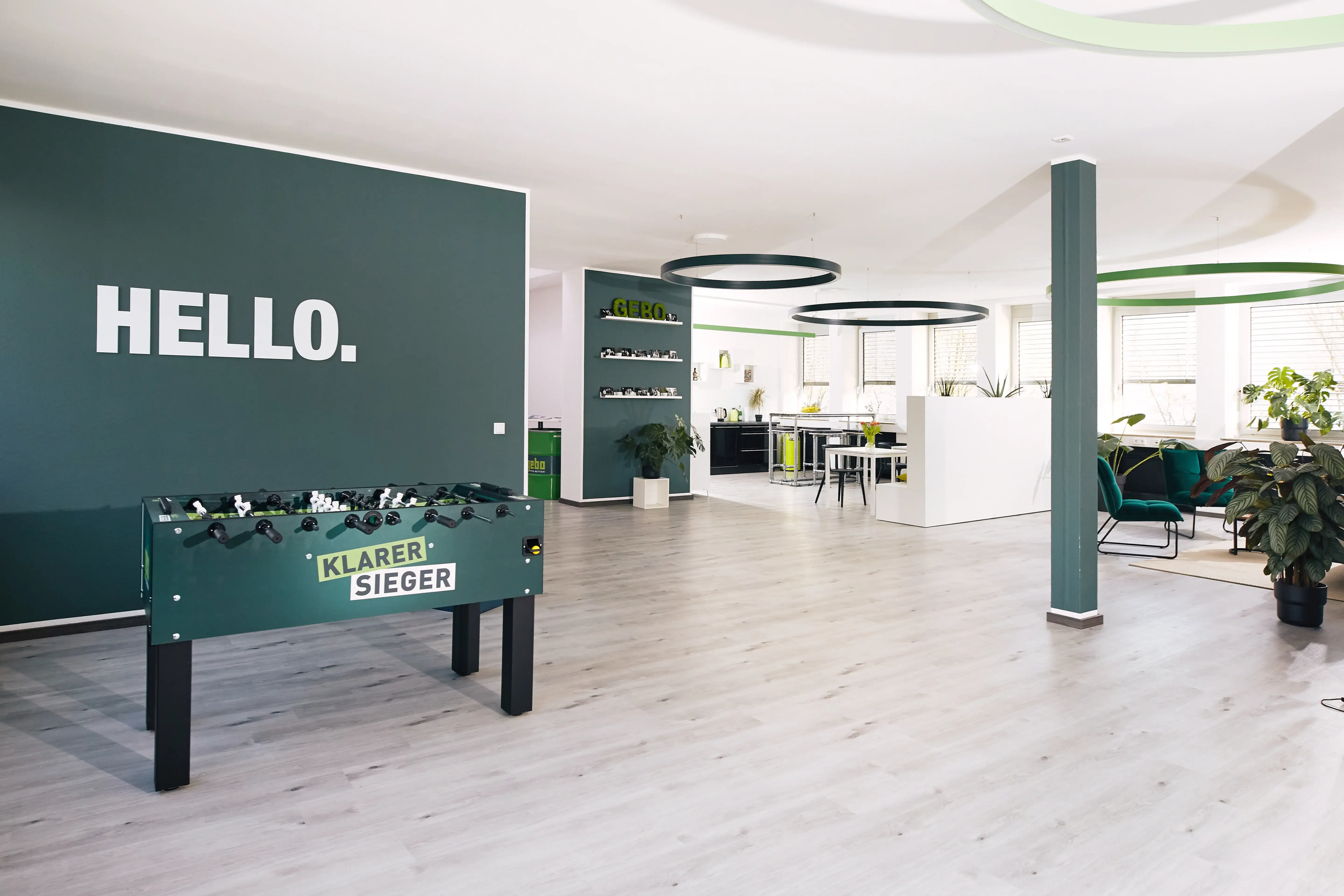 GEBO Armaturen GmbH office interior at headquarters in Mettmann, Germany – welcoming workspace with lounge area